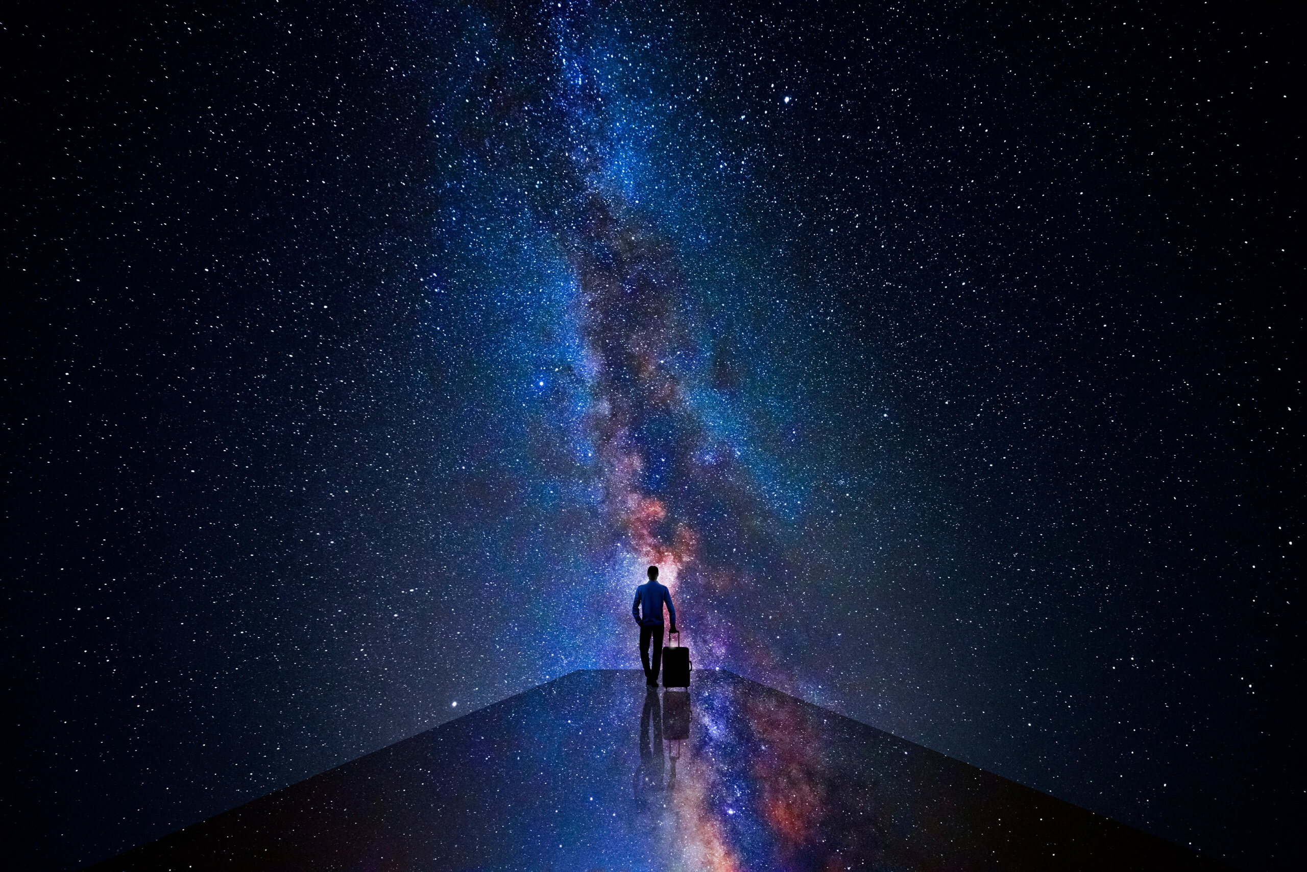man walking through the universe